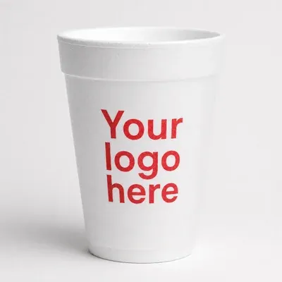 Custom printed foam cup close-up, logo detail